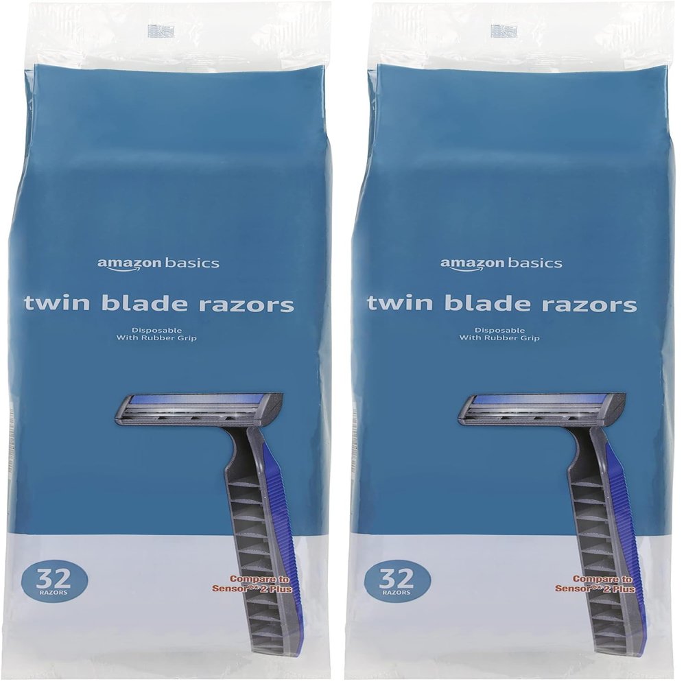 Amazon Basics Twin Blade Pivoting Razors, 32 Count | Disposable | Rubber Grip | 1-Pack
