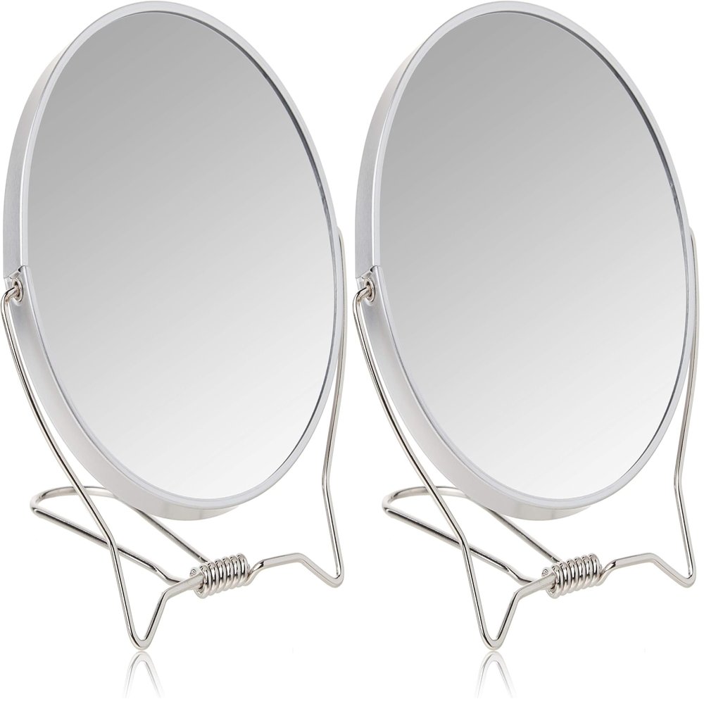 GOODY Two-Sided Makeup Mirror with Stand - 1X and 3X Dual Sided Magnification - Lightweight & Portable Table Top Magnifying Vanity Mirror (Pack of 2)