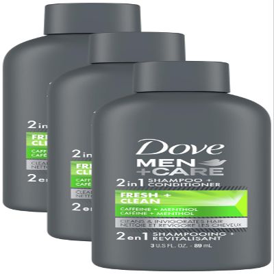 DOVE MEN + CARE Fortifying 2 in 1 Shampoo and Conditioner for Normal to Oily Hair Fresh and Clean with Caffeine Helps Strengthen Thinning Hair 3 oz (Pack of 3)