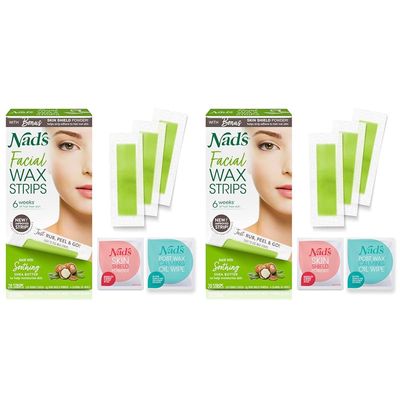 Nad's Facial Wax Strips - Hypoallergenic All Skin Types - Facial Hair Removal For Women - At Home Waxing Kit with 20 Face Wax Strips + 4 Calming Oil Wipes + Skin Protection Powder (Pack of 2)