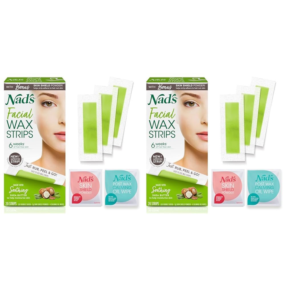 Nad's Facial Wax Strips - Hypoallergenic All Skin Types - Facial Hair Removal For Women - At Home Waxing Kit with 20 Face Wax Strips + 4 Calming Oil Wipes + Skin Protection Powder (Pack of 2)