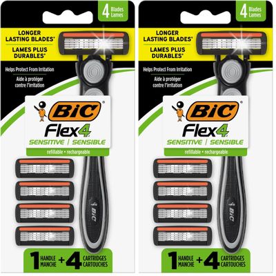 BIC Flex 4 Refillable Razors for Men, Long-Lasting 4 Blade Razors for Sensitive Skin, 1 Handle and 4 Cartridges, 5 Piece Shaving Kit (Pack of 2)