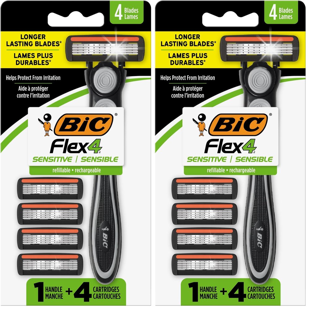BIC Flex 4 Refillable Razors for Men, Long-Lasting 4 Blade Razors for Sensitive Skin, 1 Handle and 4 Cartridges, 5 Piece Shaving Kit (Pack of 2)