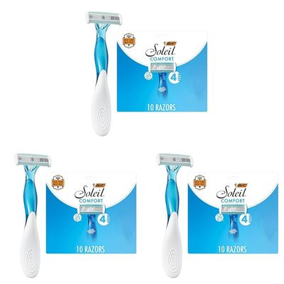BIC Soleil Comfort Disposable Razors for Women, Sensitive Skin Razor with Aloe Vera and Vitamin E Lubricating Strip and 4 Blades, 10 Piece Razor Set (Pack of 3)