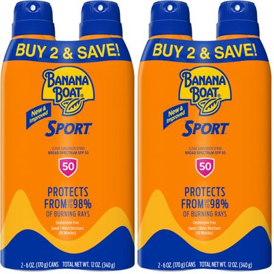 Banana Boat Sport Ultra SPF 50 Sunscreen Spray Twin Pack | Banana Boat Sunscreen Spray SPF 50, Spray On Sunscreen, Water Resistant Sunscreen, Oxybenzone Free Sunscreen Pack, 6oz each (Pack of 2)