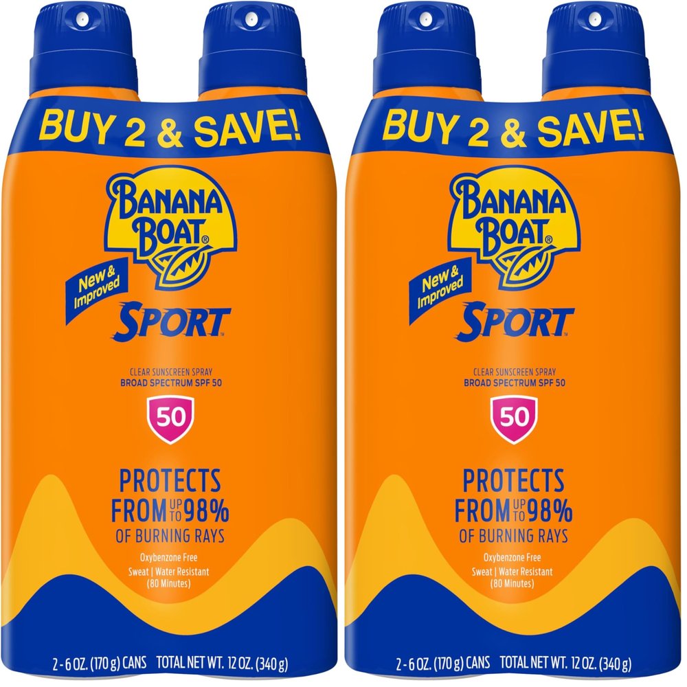 Banana Boat Sport Ultra SPF 50 Sunscreen Spray Twin Pack | Banana Boat Sunscreen Spray SPF 50, Spray On Sunscreen, Water Resistant Sunscreen, Oxybenzone Free Sunscreen Pack, 6oz each (Pack of 2)