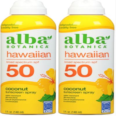 Alba Botanica Sunscreen Spray for Face and Body, Broad Spectrum SPF 50 Sunscreen, Hawaiian Coconut, Water Resistant and Biodegradable, 5 fl. oz. Bottle (Pack of 2)