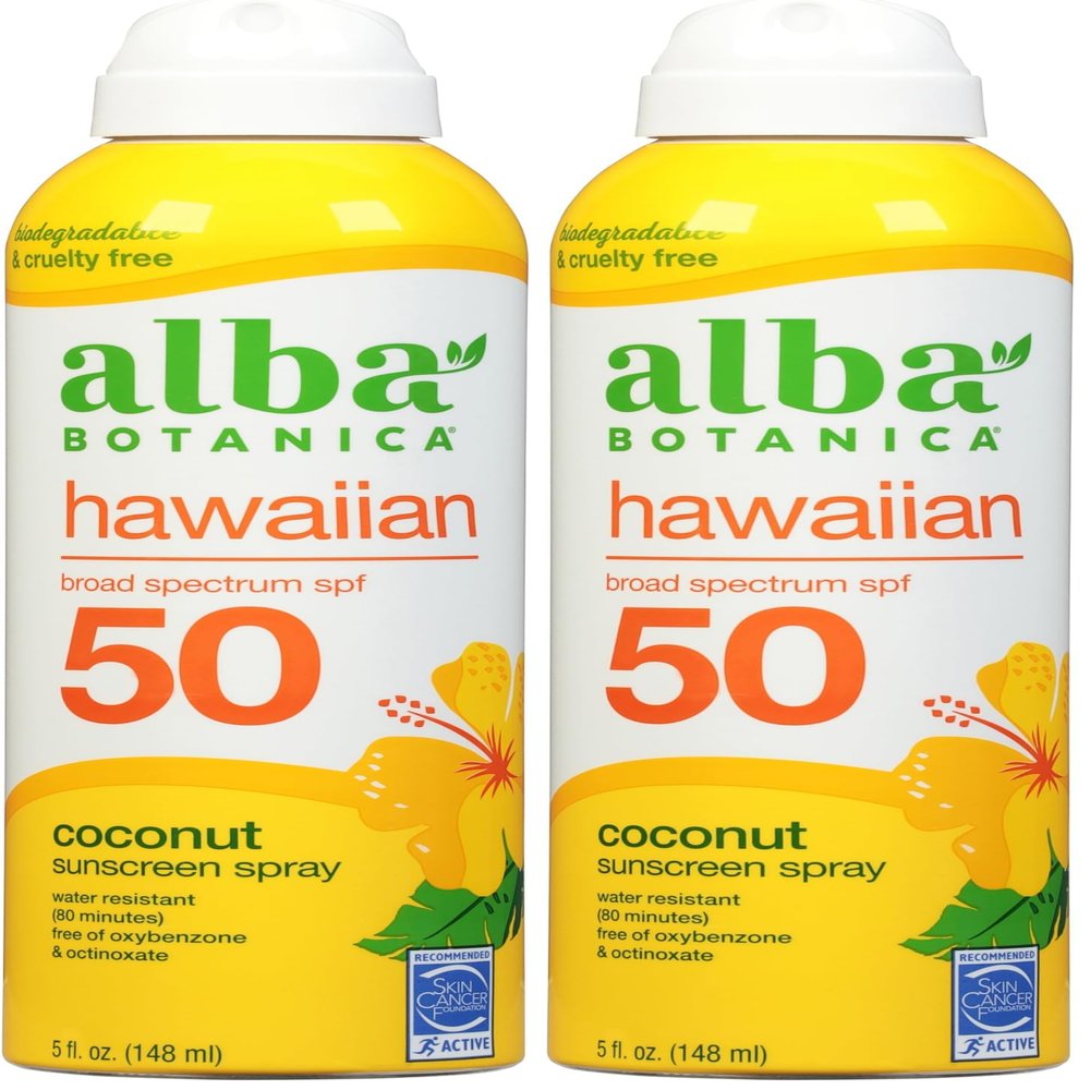 Alba Botanica Sunscreen Spray for Face and Body, Broad Spectrum SPF 50 Sunscreen, Hawaiian Coconut, Water Resistant and Biodegradable, 5 fl. oz. Bottle (Pack of 2)