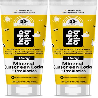 Hello Bello Mineral SPF 55+ Sunscreen Lotion with Prebiotics I Water Resistant and Reef Friendly Sun Protection for Babies and Kids I 3 fl oz (Pack of 2)