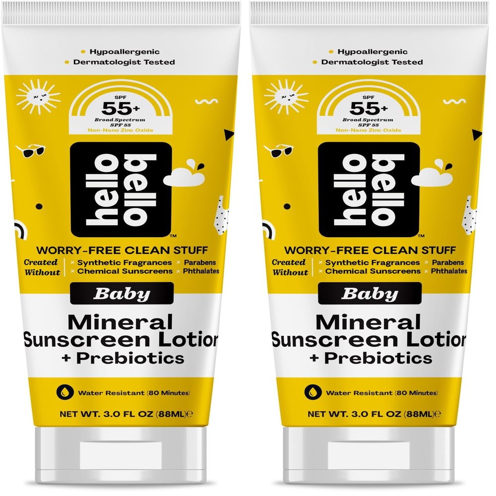 Hello Bello Mineral SPF 55+ Sunscreen Lotion with Prebiotics I Water Resistant and Reef Friendly Sun Protection for Babies and Kids I 3 fl oz (Pack of 2)