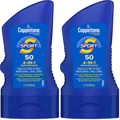 Coppertone SPORT Sunscreen SPF 50 Lotion, Water Resistant, Body Sunscreen Lotion, Travel Size, 3 Fl Oz (Pack of 2)