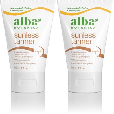 Alba Botanica Sunless Tanner, Self-Tanning Lotion for Face and Body, Golden Tanning without the Sun, Non-Streaking and Natural Looking Self-Tanner, 4 oz. Tube (Pack of 2)
