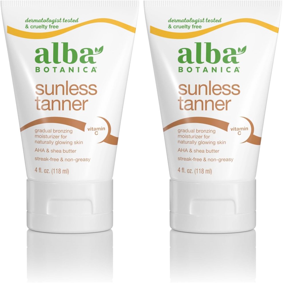 Alba Botanica Sunless Tanner, Self-Tanning Lotion for Face and Body, Golden Tanning without the Sun, Non-Streaking and Natural Looking Self-Tanner, 4 oz. Tube (Pack of 2)