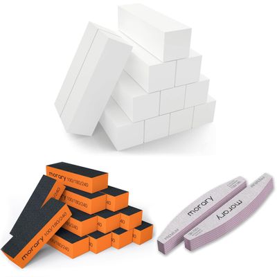 12-Pack, Nail Buffer Blocks for Natural and Acrylic Nails, 4 Sided, Medium Grit (White) (Orange) & Nail File 100/180 Grit Nail Files for Natural Nails
