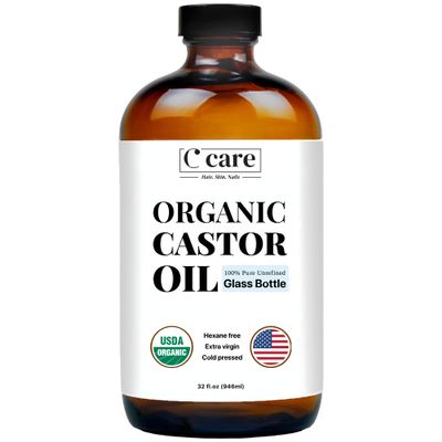 C CARE Castor Oil 100% Pure Organic Cold Pressed Unrefined Glass Bottle | USDA Certified Organic | Hexane Free Extra Virgin | For Hair Growth Eyebrows Eyelashes Skin and Castor Oil Pack Wrap