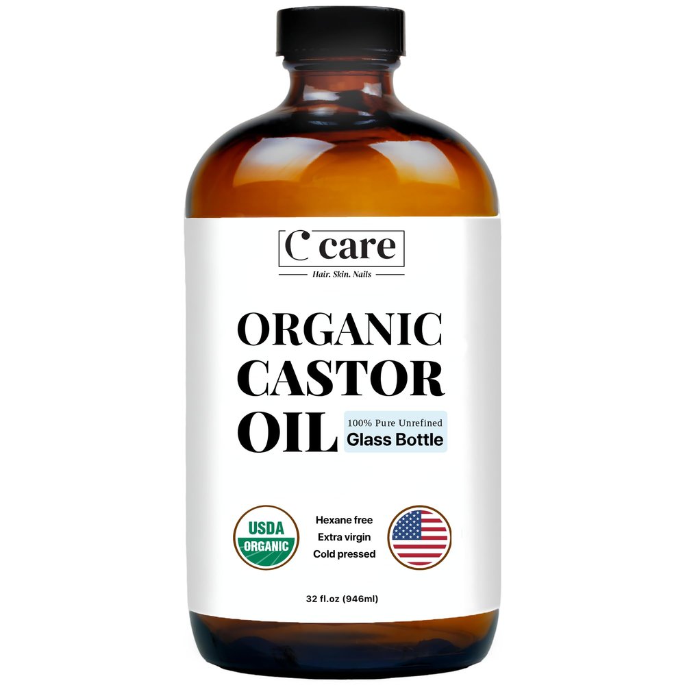 C CARE Castor Oil 100% Pure Organic Cold Pressed Unrefined Glass Bottle | USDA Certified Organic | Hexane Free Extra Virgin | For Hair Growth Eyebrows Eyelashes Skin and Castor Oil Pack Wrap
