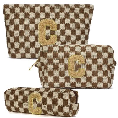 Aintmax Graduation Gifts for Her,3 Pieces Checkered Makeup Bag Personalized Initial Make Up Bag Cute Storage Pouch Travel Toiletry Cosmetic Bag Teacher Birthday Gifts for Women (Brown-C)