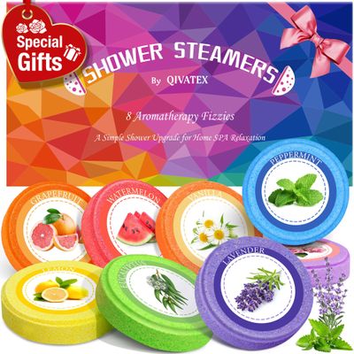 Qivatex Shower Steamers Aromatherapy, Valentines Day Gifts for Her, Birthday Gifts for Women Teen Girls Wife Mom, Natural Essential Oil SPA Self Care Relaxation Shower Bombs (8 Pack)