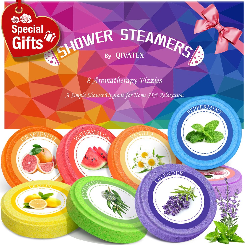 Qivatex Shower Steamers Aromatherapy, Valentines Day Gifts for Her, Birthday Gifts for Women Teen Girls Wife Mom, Natural Essential Oil SPA Self Care Relaxation Shower Bombs (8 Pack)