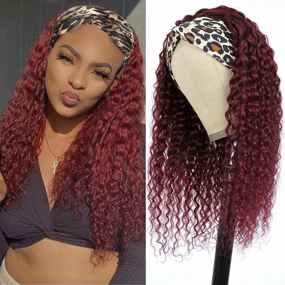 Bellarayine Headband Wig Human Hair Deep Wave Human Hair Headband Wig Glueless Curly Hair Human Hair Wigs None Lace Front Wigs for Black Women Human Hair (10inch,99J)