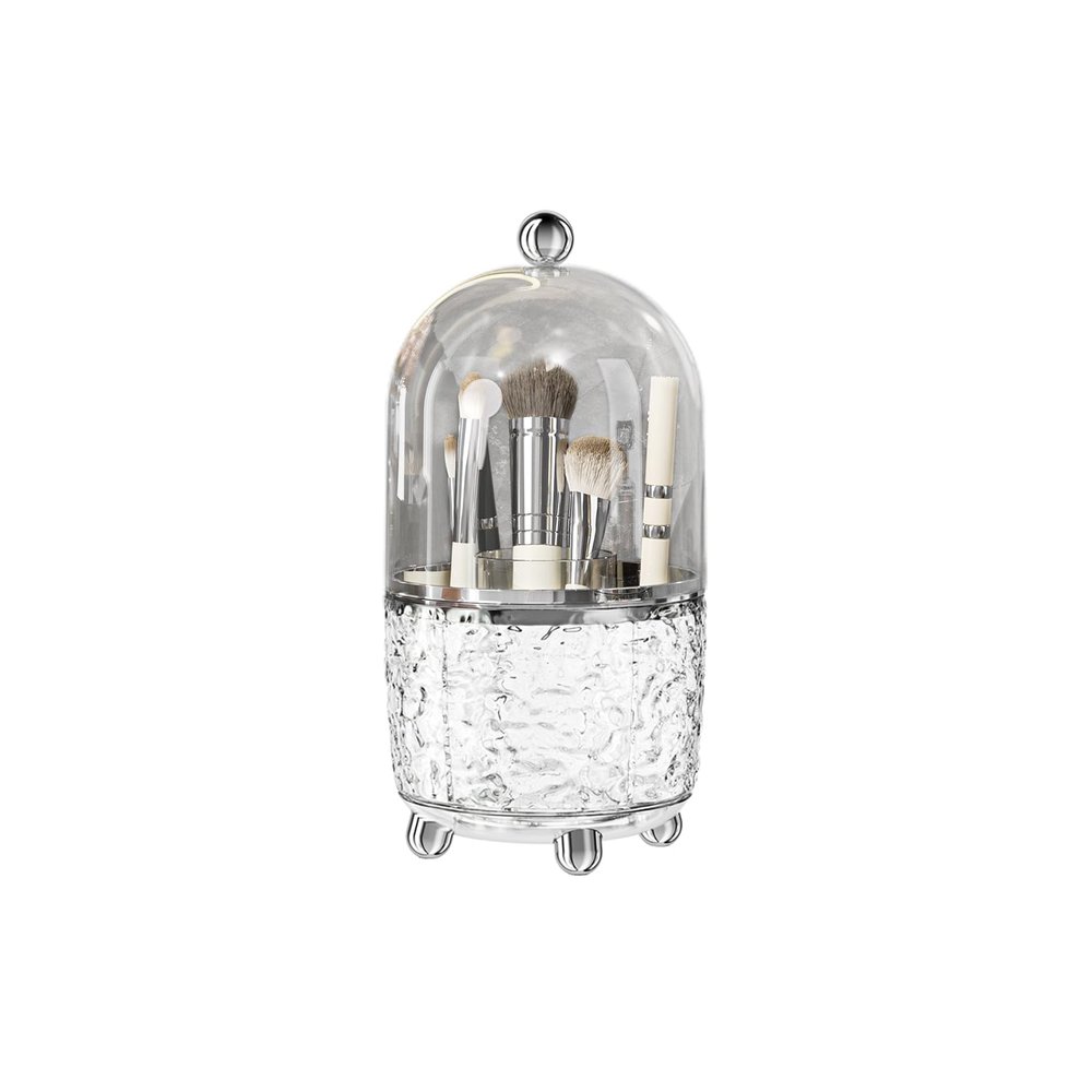 JUPITER WARRIOR Makeup Brush Holder with Lid, 360 Rotating Cosmetic Tools Organizer with Cover, Dustproof Spinning Makeup Brush Organizer for Vanity, Ideal Gift for Girlfriend Wife Friends (Clear)