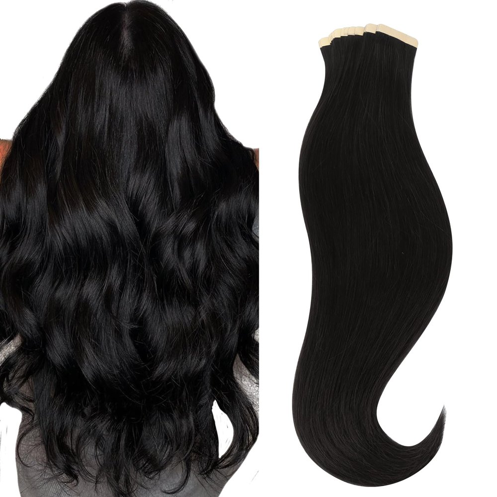 HOTBANANA Tape in Hair Extensions, 20 Inch 20pcs 50g Jet Black Tape in Real Remy Human Hair Extensions Straight