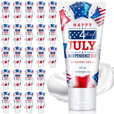 Dansib 24 Pcs Mini Sunscreen Bulk for Summer Wedding Party Spf 30 Water Resistant Sunscreen Lotion Bulk 1oz Travel Size for Thank You Gifts Wedding Party Supplies(White Cream,Independence Day)