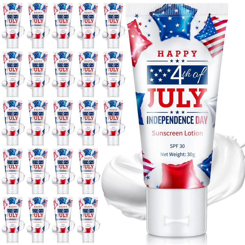 Dansib 24 Pcs Mini Sunscreen Bulk for Summer Wedding Party Spf 30 Water Resistant Sunscreen Lotion Bulk 1oz Travel Size for Thank You Gifts Wedding Party Supplies(White Cream,Independence Day)
