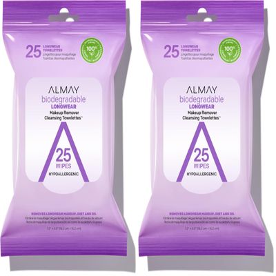 Almay Face Makeup Remover Wipes, Longwear & Waterproof, Hypoallergenic, Fragrance Free, Dermatologist & Ophthalmologist Tested, 25 Count (Pack of 2)
