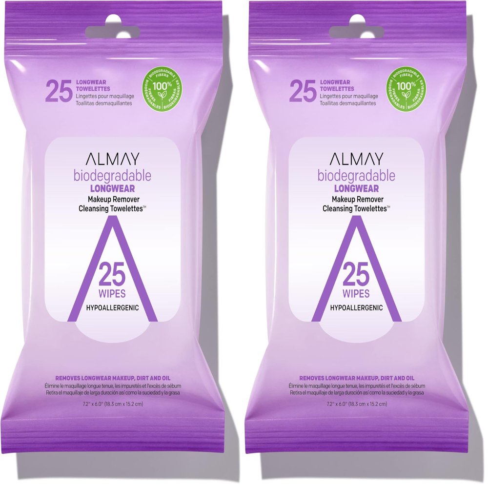 Almay Face Makeup Remover Wipes, Longwear & Waterproof, Hypoallergenic, Fragrance Free, Dermatologist & Ophthalmologist Tested, 25 Count (Pack of 2)