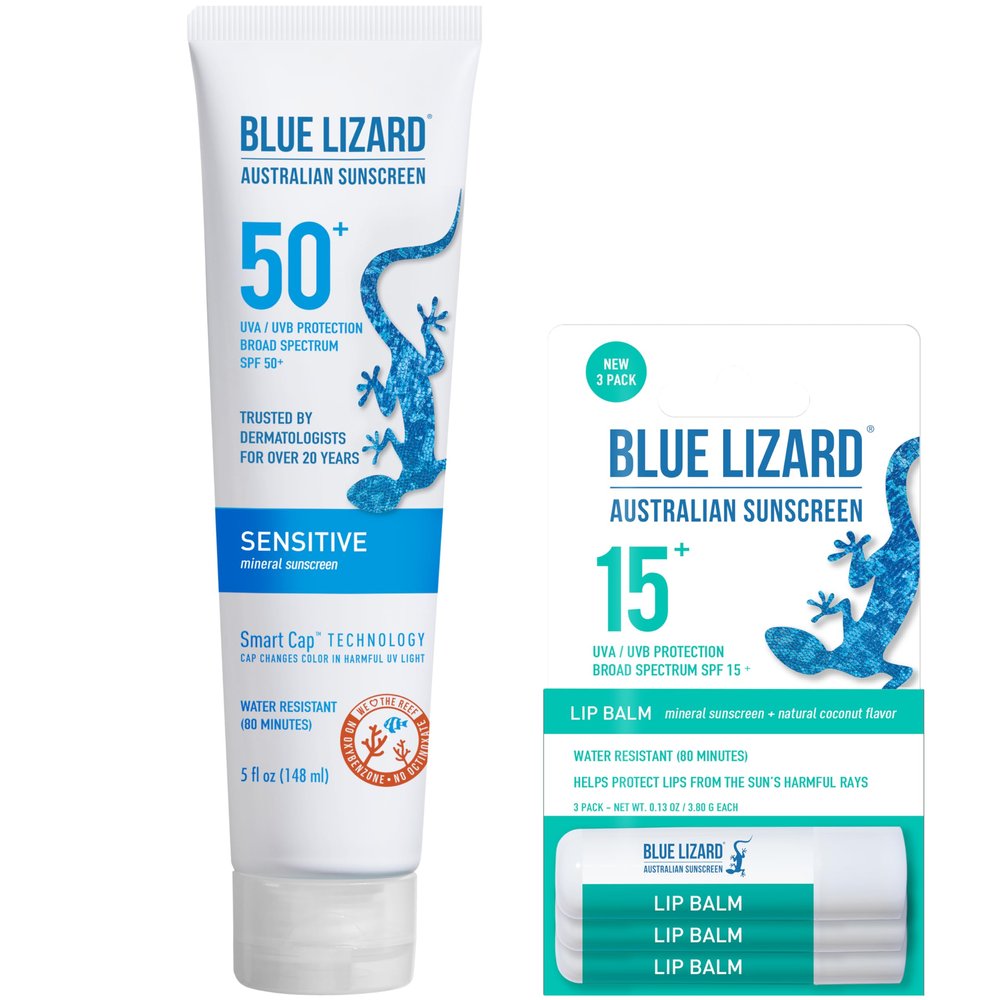 Bundle of BLUE LIZARD Sensitive Mineral Sunscreen with Zinc Oxide Sensitive, SPF 50 5 Fl Oz + 3-Pack Blue Lizard Mineral SPF 15 Lip Balm:Natural Coconut Flavor, Each Tube 0.13 oz.