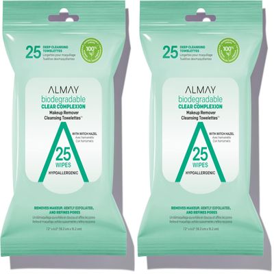 Almay Makeup Remover Cleansing Towelettes, Biodegradable Clear Complexion Wipes for Oily and Acne Prone Skin, Hypoallergenic, Cruelty Free, Fragrance Free, 25 Count (Pack of 2)