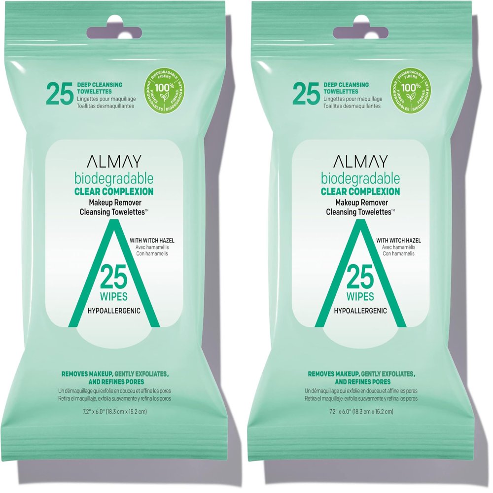 Almay Makeup Remover Cleansing Towelettes, Biodegradable Clear Complexion Wipes for Oily and Acne Prone Skin, Hypoallergenic, Cruelty Free, Fragrance Free, 25 Count (Pack of 2)