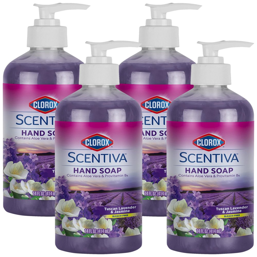 Clorox Scentiva Liquid Hand Soap 14 oz Liquid Hand Wash with Aloe Vera Vitamin B5 BleachFree Scented Hand Soap for Kitchen or Bathroom, Tuscan Lavender & Jasmine, 1 Count (Pack of 4)