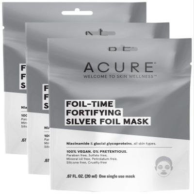 Acure Foil-Time Fortifying Silver Mask | 100% Vegan | Traps Heat to Open Pores For Superior Serum Delivery | Niacinamide & Glacial Glycoproteins - For Rejuvenated & Refreshed Apprearance | 1 Count
