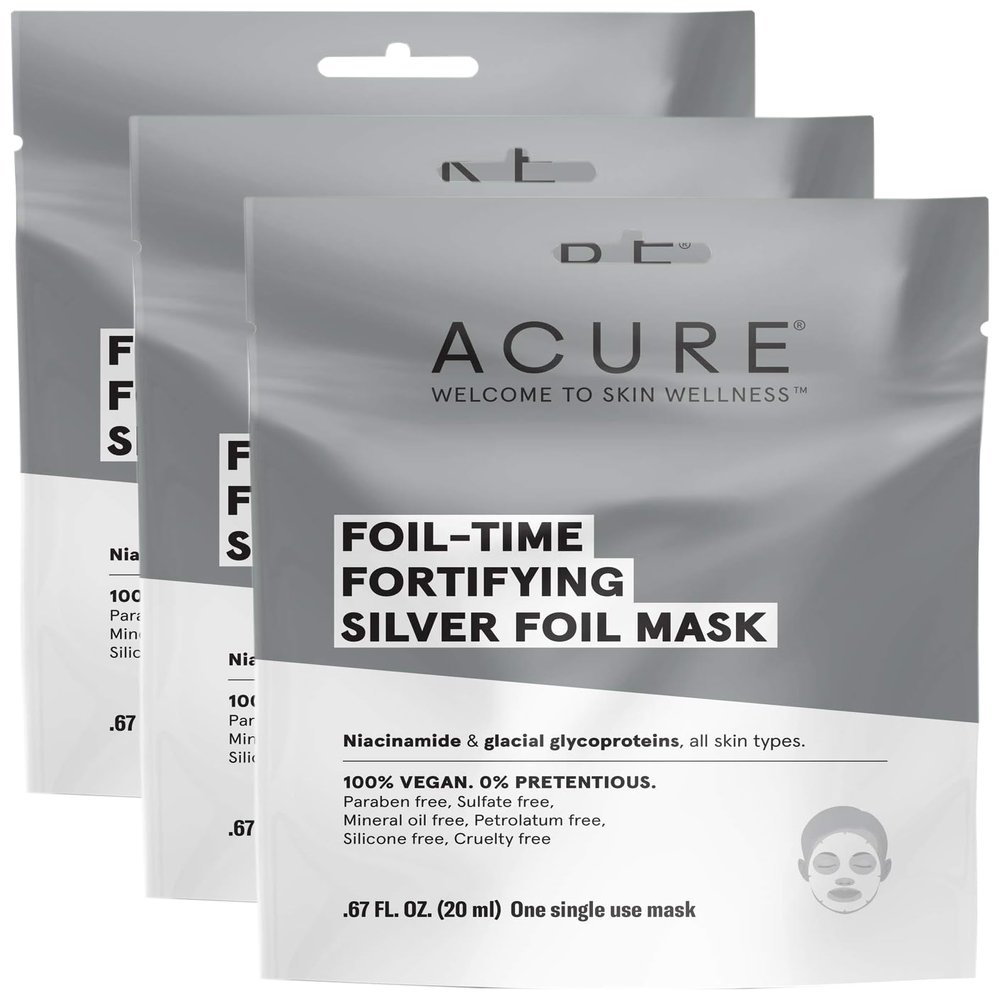 Acure Foil-Time Fortifying Silver Mask | 100% Vegan | Traps Heat to Open Pores For Superior Serum Delivery | Niacinamide & Glacial Glycoproteins - For Rejuvenated & Refreshed Apprearance | 1 Count