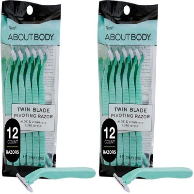 Kai About Face Body Twin Blade Pivoting Disposable Razors; 12 Shavers for Women; Curve-Hugging Pivoting Head with Aloe & Vitamin E Strip, Shaving Razors for Women (Pack of 2)