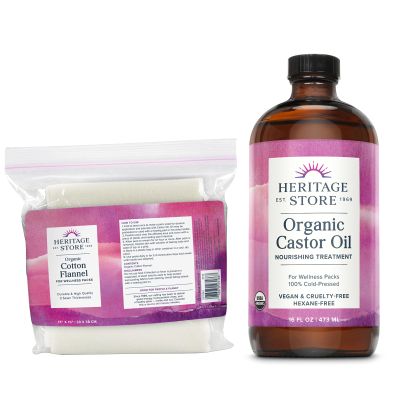 HERITAGE STORE Organic Castor Oil Pack Wrap - Castor Oil Packs Kit - Heat Compress for Abdomen, Joints, Overall Health - 16oz Cold Pressed OCO and 13 x 15 in. Organic Cotton Flannel