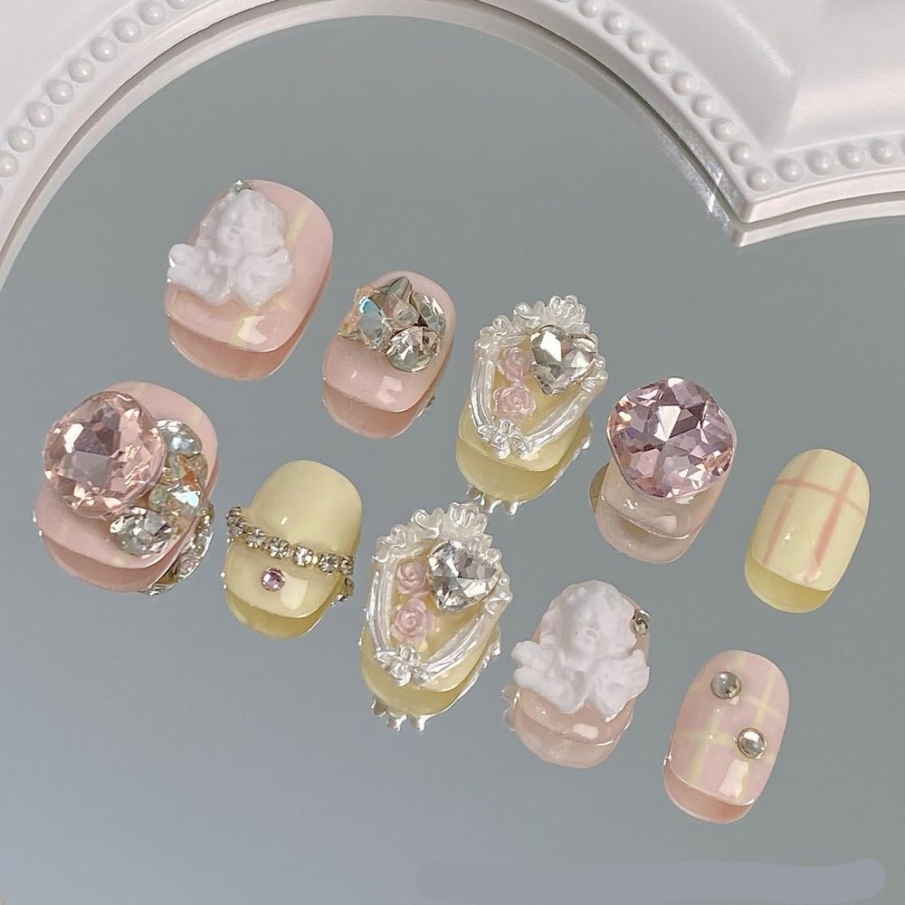 ZIIVIEVS Wearing Nail Short, High Grade, Sweet, Sparkling Handmade Nail Products, Wearing Nail New Nail Patch 10pcs (Size : S)