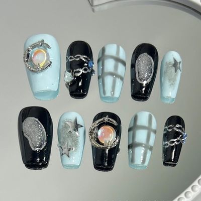 ZIIVIEVS Hand wear nail hot girl sweet cool powder blusher star nail enhancement patch checkerboard blue black 10pcs (Size : S)