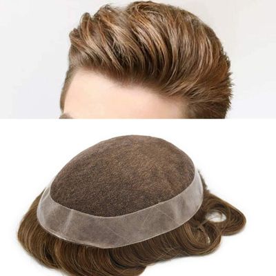 Mens Hair System Human Hair Piece for Men Swiss Lace Toupee for Men Hair Replacement System NPU Poly Coated Men's Toupee 6X9# 17 Dark Ash Blonde 120% medium density