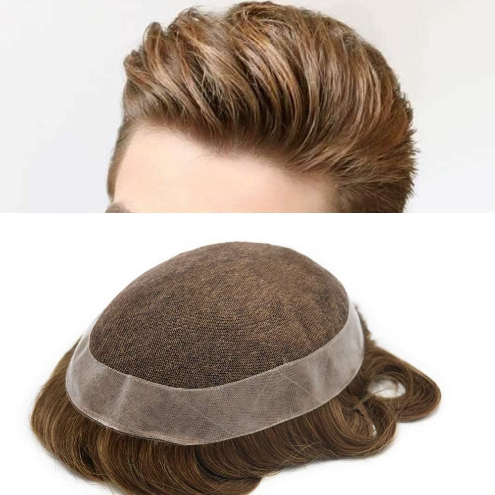 Mens Hair System Human Hair Piece for Men Swiss Lace Toupee for Men Hair Replacement System NPU Poly Coated Men's Toupee 6X9# 17 Dark Ash Blonde 120% medium density
