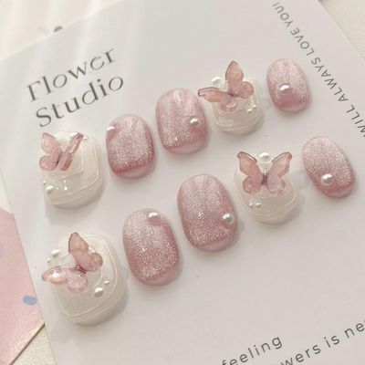 ZIIVIEVS Handmade Wearing Nail Mesh Red Explosive Flash Purple Cat Eye Ice Transparent Butterfly Nail Patch False Nail (Size : M)