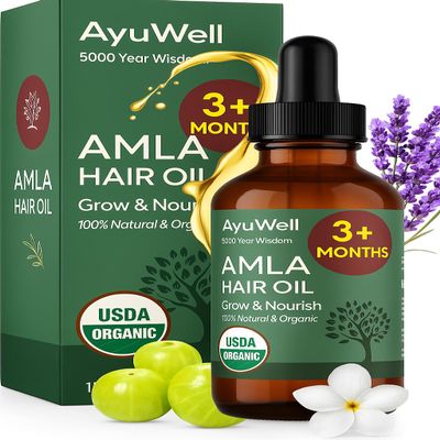 Ayuwell Ayurvedic Hair Oil, Potent & Lightweight Amla Indian Hair Growth Oil USDA & All Hairs Types For Nourishing Scalp w/Non-GMO Bhringraj, Brahmi, & Lavendar For Growth + Balanced Health, 2 oz
