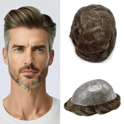 Mens Toupee Real Human Hair Replacement System Durable Thin Skin Toupee For Men Hair Piece Injection PU Hair Unit Brown Black Gray Wigs For Man 7"x9", #420 4# Medium Brown with 20% Grey