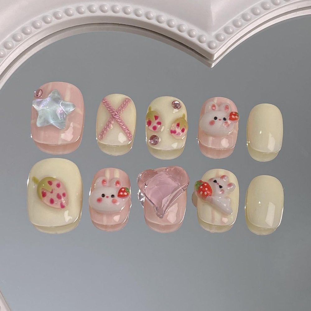 ZIIVIEVS Handmade Wearing Nail New Nail Beauty Cute White Rabbit Nail Patch Finished Detachable Nail Patch False nails 10pcs (Size : M)