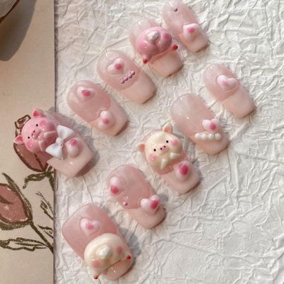 New Wearing Nail Cute Pig Nail Whitening, Detachable and Durable Nail Patch Short Style 10pcs (Size : M)