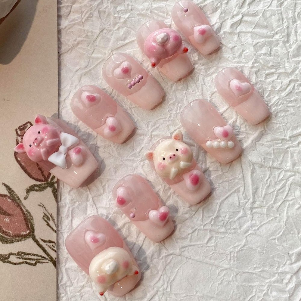 New Wearing Nail Cute Pig Nail Whitening, Detachable and Durable Nail Patch Short Style 10pcs (Size : M)