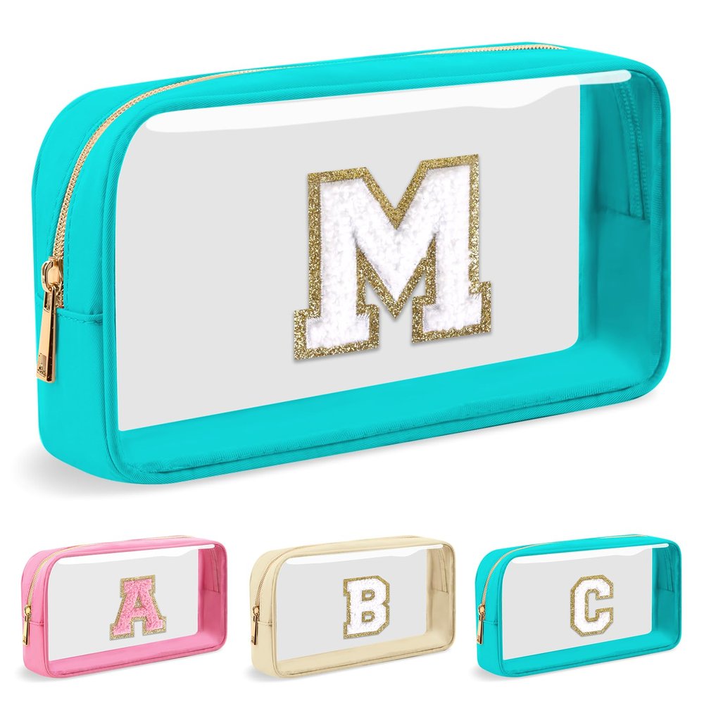 Personalized Initial Letter Clear Makeup Bag,Preppy Small Nylon&PVC Cosmetic Zipper Bag with Chenille Letter,Portable Beach Travel Skincare Toiletry Bag,Trendy Monogram Gift for Teen Girls Women,M