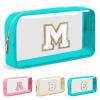 Personalized Initial Letter Clear Makeup Bag,Preppy Small Nylon&PVC Cosmetic Zipper Bag with Chenille Letter,Portable Beach Travel Skincare Toiletry Bag,Trendy Monogram Gift for Teen Girls Women,M view 1